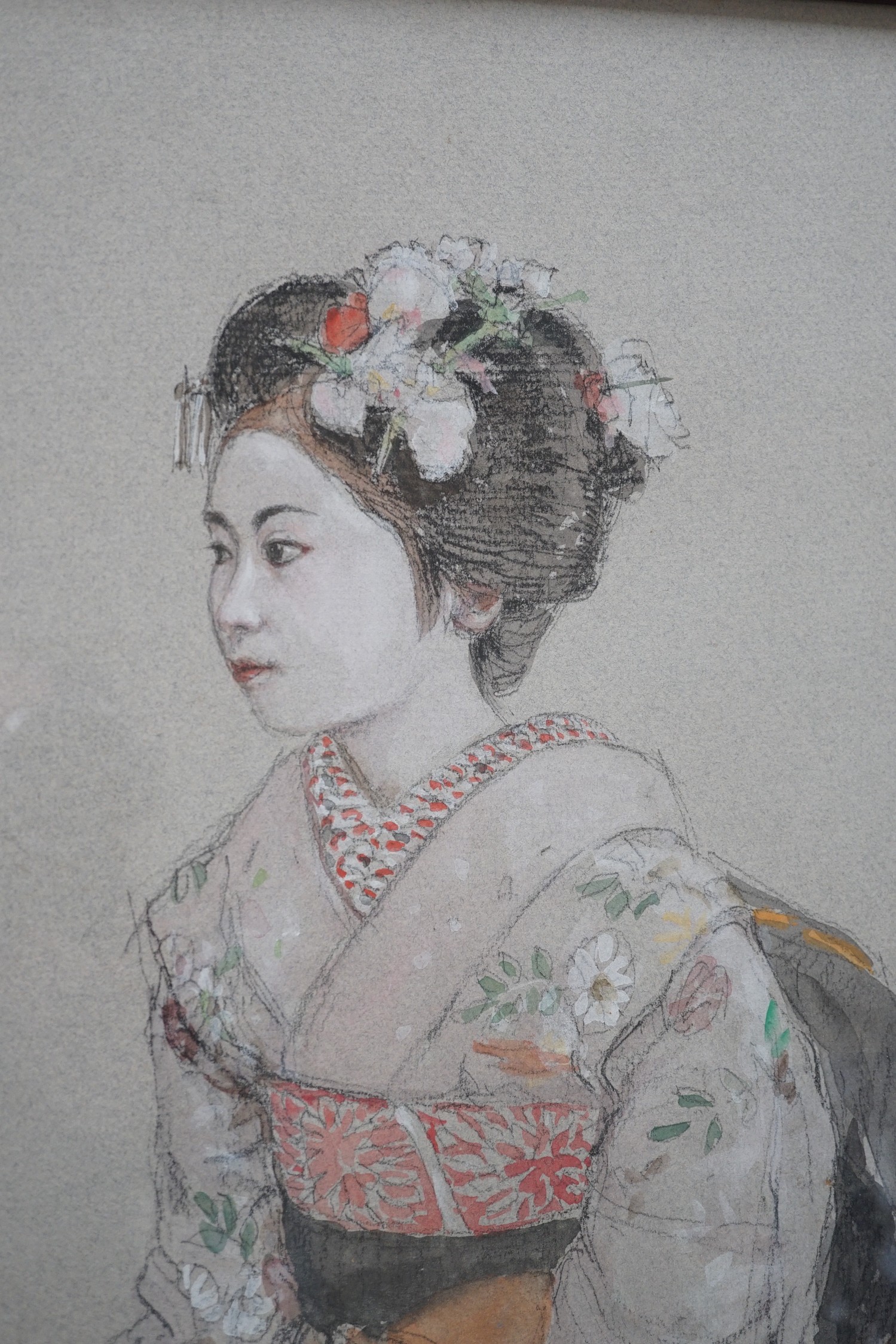 A Japanese watercolour and pencil sketch of a Geisha, signed, and sealed, 42cms high x 31cms wide